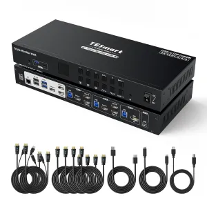 TESmart USB 3.0 HDMI DP USB C KVM Switch 3 Monitors 4 Computers 4K@60Hz, 4 Port Triple Monitor KVM Switch Built-in Docking Station, Headset,MST, EDID emulators, Hotkey Switch, Wired Network, Rack-Ears