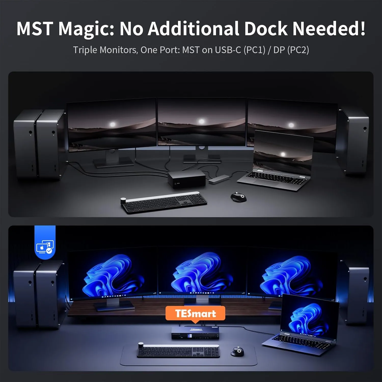 TESmart USB 3.0 HDMI DP USB C KVM Switch 3 Monitors 4 Computers 4K@60Hz, 4 Port Triple Monitor KVM Switch Built-in Docking Station, Headset,MST, EDID emulators, Hotkey Switch, Wired Network, Rack-Ears