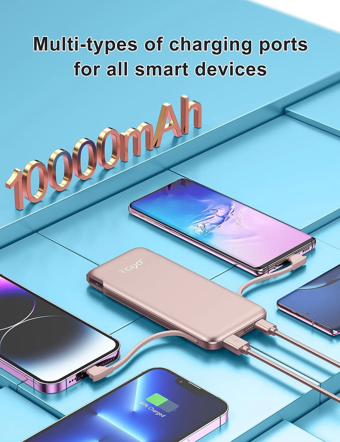 TG90 10000mah Power Bank with Built in AC Wall Plug, Ultra Slim Portable Charger with Built in Cables External Battery Backup Compatible with iPhone Android Smart Devices