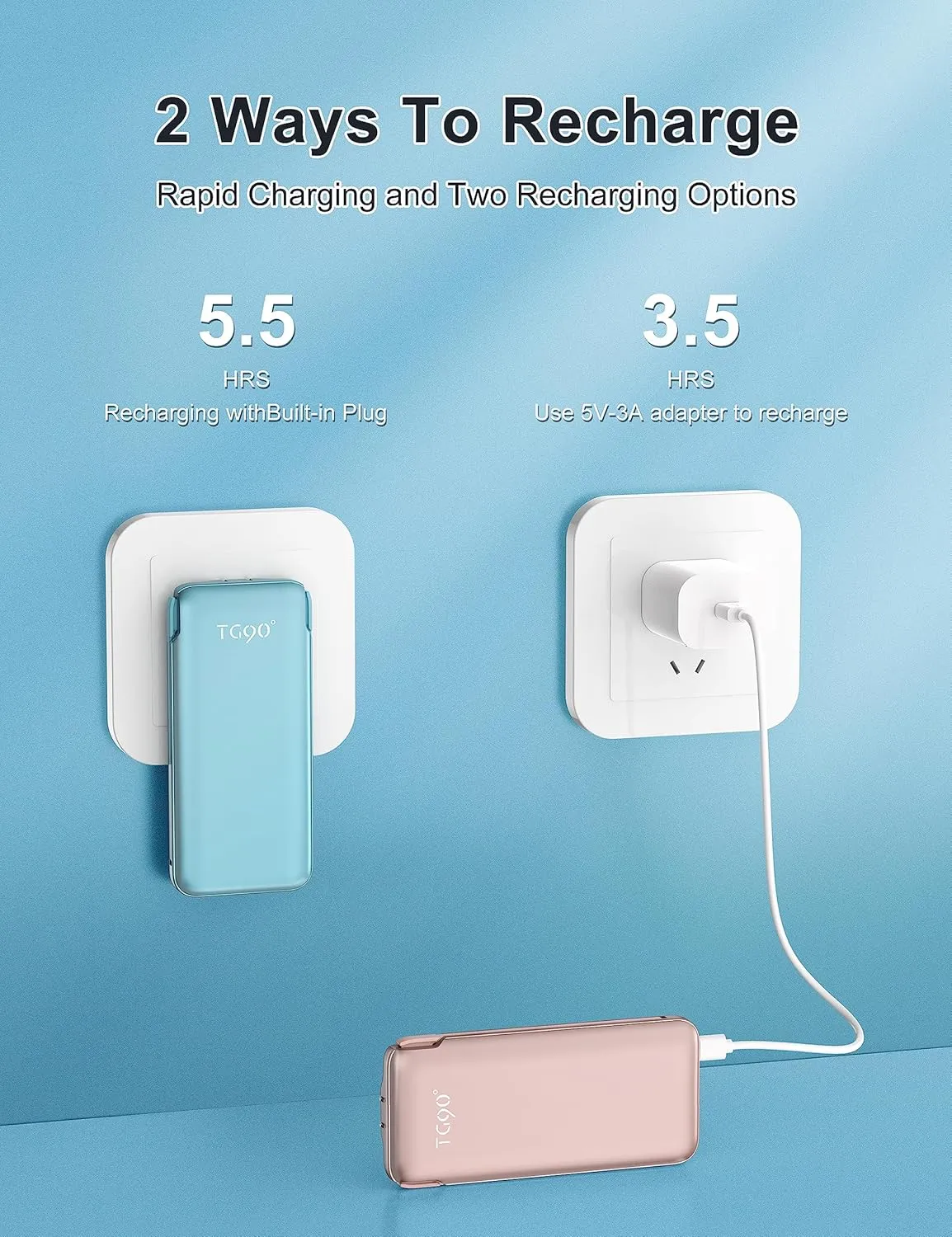 TG90 10000mah Power Bank with Built in AC Wall Plug, Ultra Slim Portable Charger with Built in Cables External Battery Backup Compatible with iPhone Android Smart Devices
