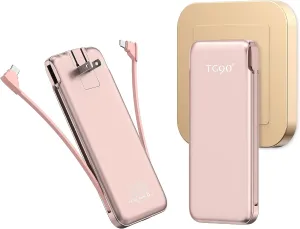 TG90 10000mah Power Bank with Built in AC Wall Plug, Ultra Slim Portable Charger with Built in Cables External Battery Backup Compatible with iPhone Android Smart Devices