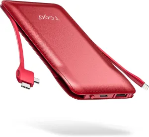 TG90 Portable Charger 10000mah Cell Phone Battery Backup, Ultra Slim Power Bank with Built in Lightning and USB-C Cable, Portable Phone Charger Battery Packs Compatible with iPhone Android Phones