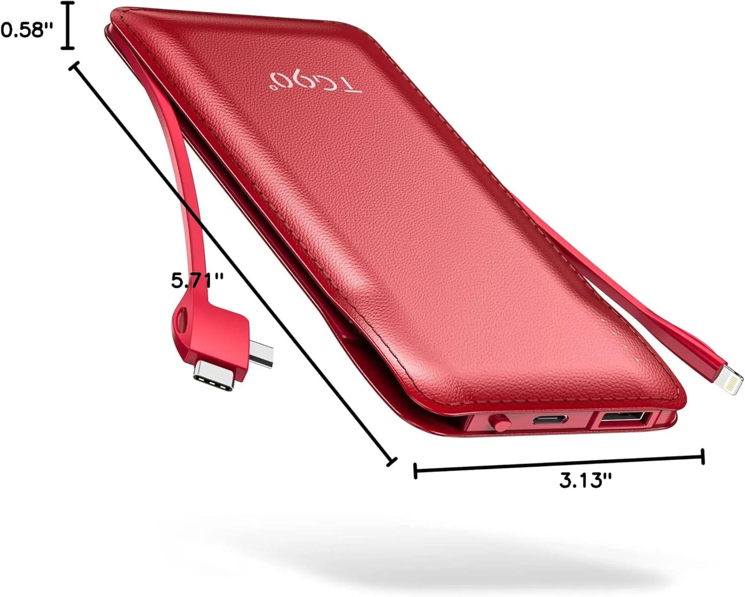 TG90 Portable Charger 10000mah Cell Phone Battery Backup, Ultra Slim Power Bank with Built in Lightning and USB-C Cable, Portable Phone Charger Battery Packs Compatible with iPhone Android Phones