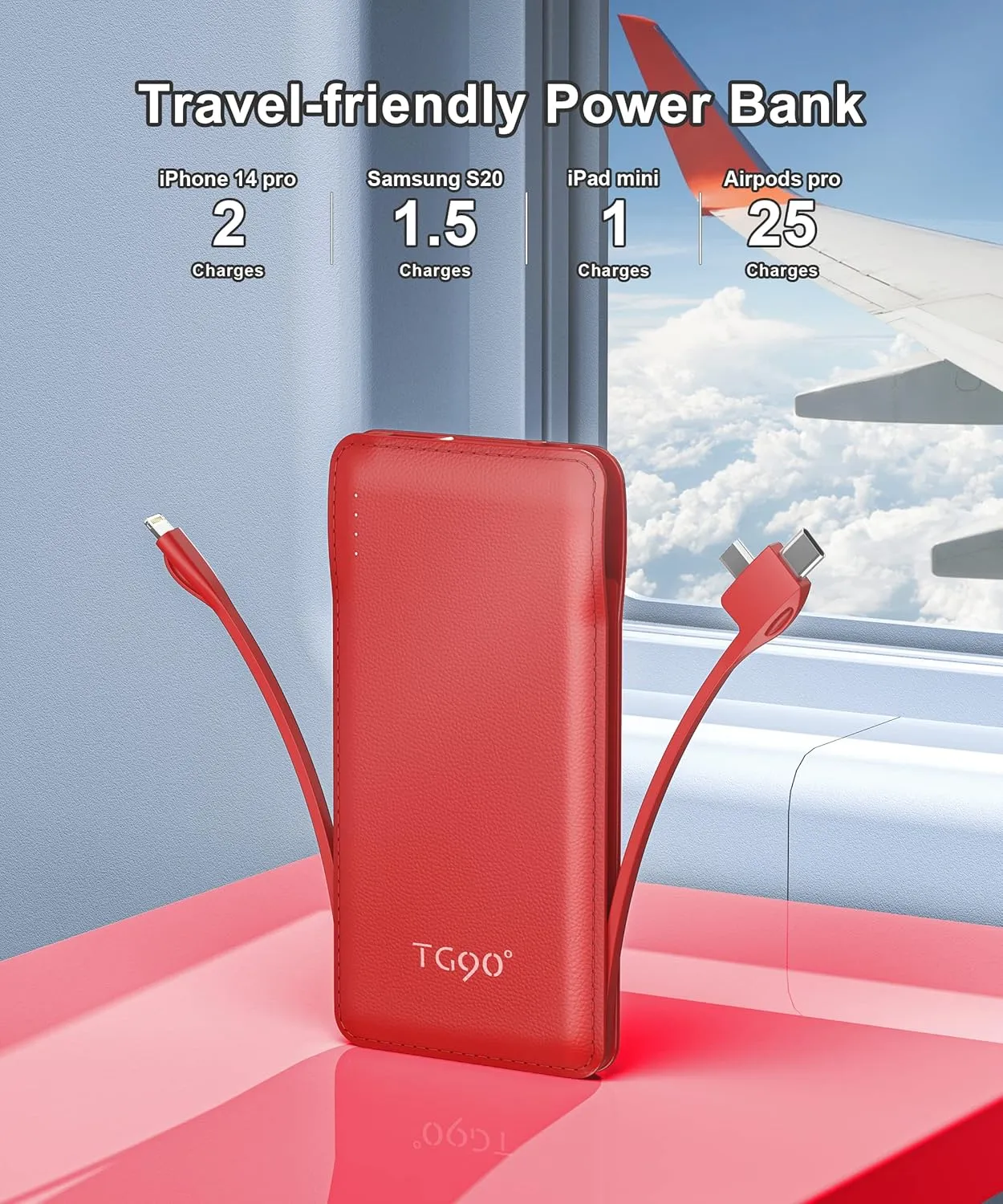 TG90 Portable Charger 10000mah Cell Phone Battery Backup, Ultra Slim Power Bank with Built in Lightning and USB-C Cable, Portable Phone Charger Battery Packs Compatible with iPhone Android Phones