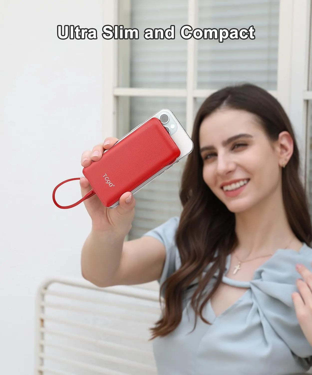 TG90 Portable Charger 10000mah Cell Phone Battery Backup, Ultra Slim Power Bank with Built in Lightning and USB-C Cable, Portable Phone Charger Battery Packs Compatible with iPhone Android Phones