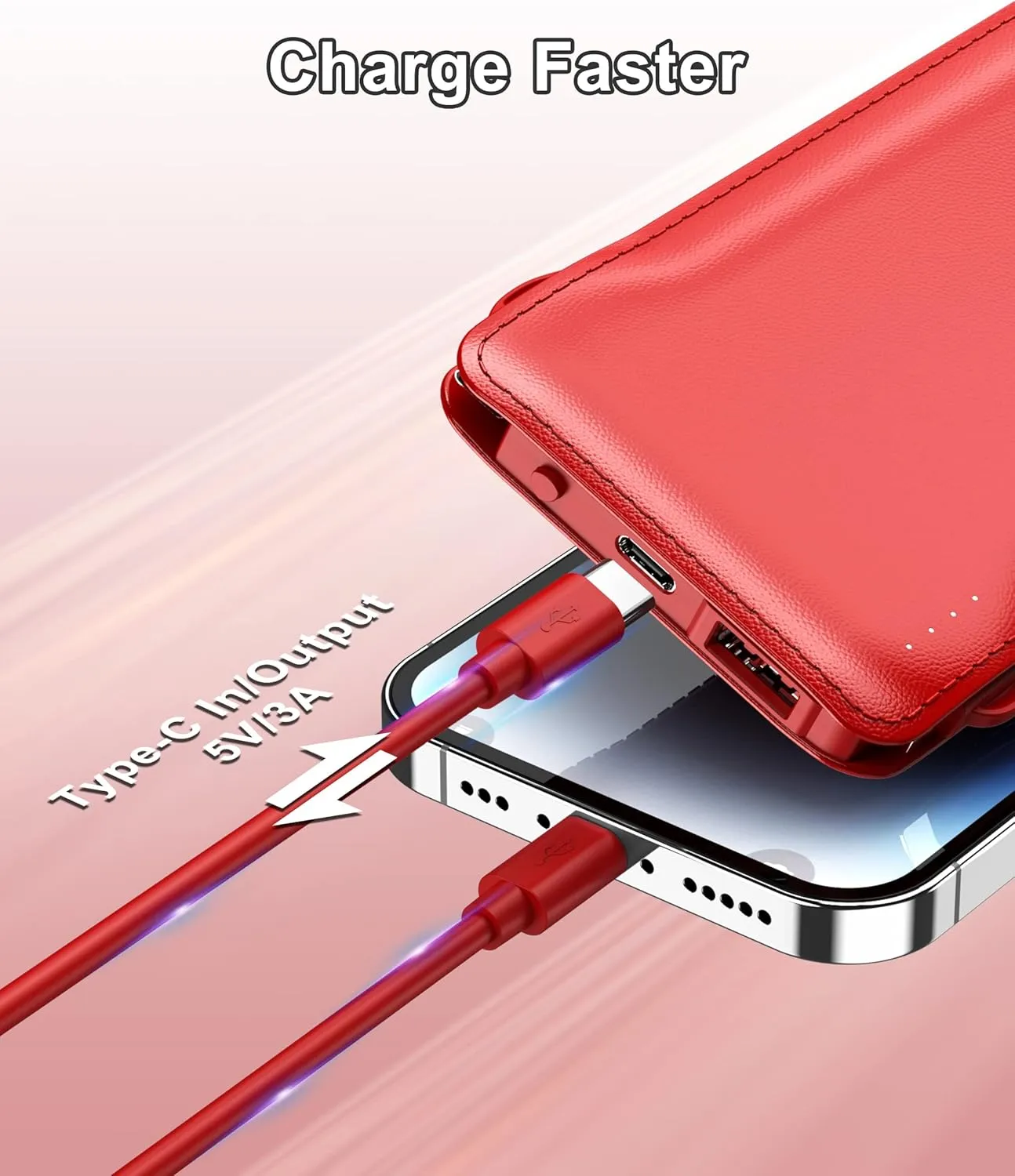 TG90 Portable Charger 10000mah Cell Phone Battery Backup, Ultra Slim Power Bank with Built in Lightning and USB-C Cable, Portable Phone Charger Battery Packs Compatible with iPhone Android Phones