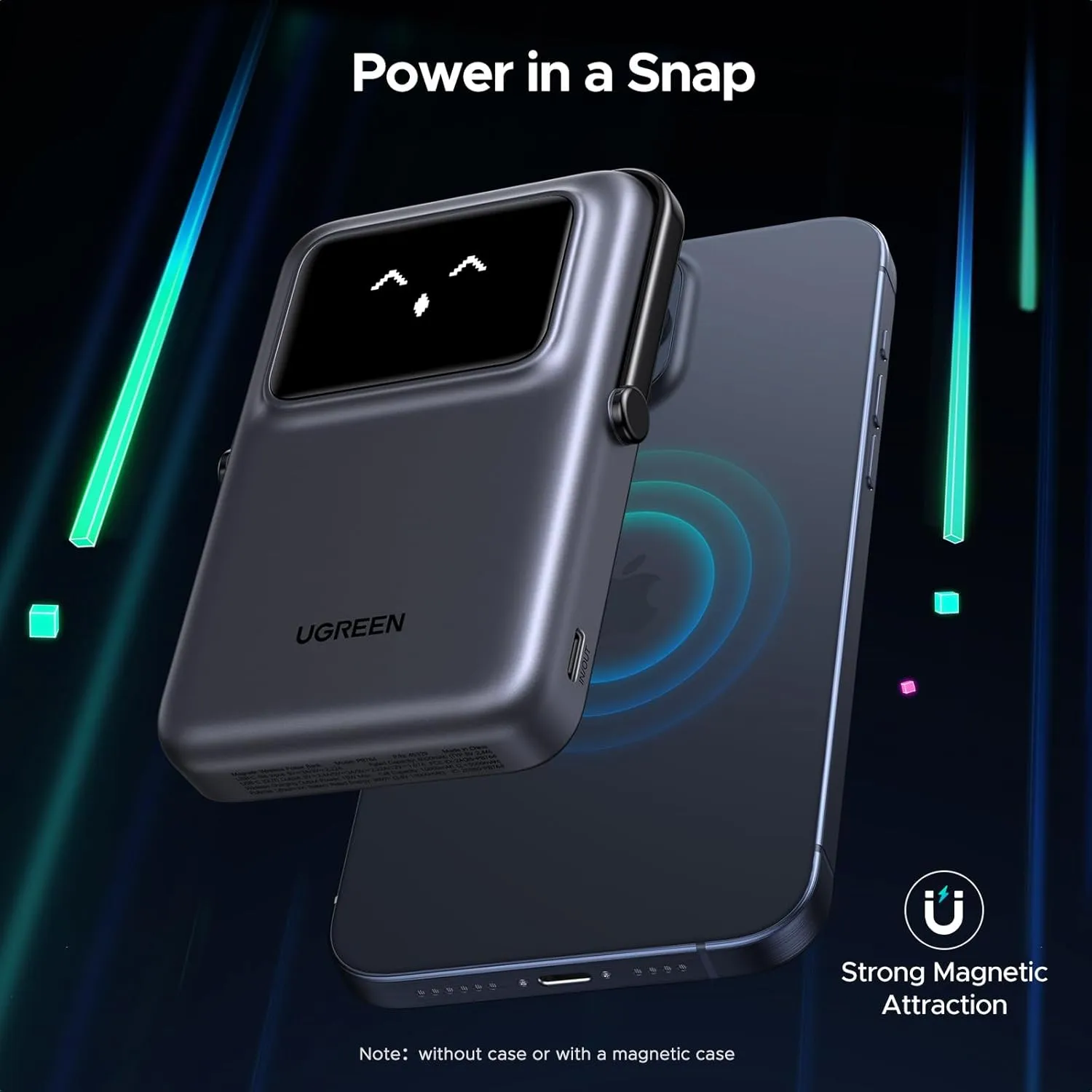 UGREEN Uno 10000mAh Magnetic Portable Charger, Qi 7.5W Wireless Power Bank, PD 20W USB C Battery Pack with Foldable Stand and TFT Display MagSafe Compatible iPhone 16/15 /14/13/12 Series, Black