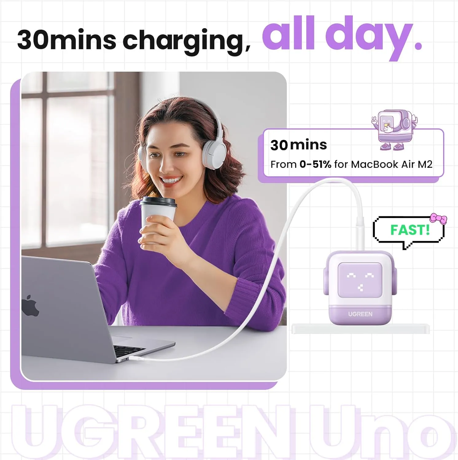 UGREEN Uno 65W USB C Charging Block Nexode 3-Port GaN Charger Compact Fast USB C Power Adapter for MacBook Pro/Air, XPS 13, Note 20/10 , iPhone 16/15, Galaxy S24/S23, Steam Deck, ROG Ally(Purple)