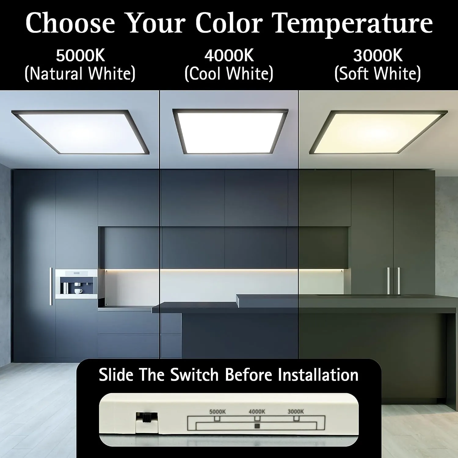 Ultralux 2x2 ft Surface Mount Ceiling Light Panel  Slim, Edge Lit, Flush Mount Flat Panel for Kitchen, Home & Office - TRIAC Dimmable, 3CCT Adjustable Color Temperature (Matte Black, 1 Pack)