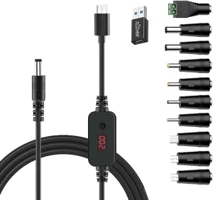 Universal PD Fast Charger, USB-C to DC 5V/9V/12V/15V/20V Multi-Voltage Adapter Cable with LED Display, 11 Connectors, for Phones, Laptops, Tablets, Led Light, Lamps, Cameras, Routers, 4ft