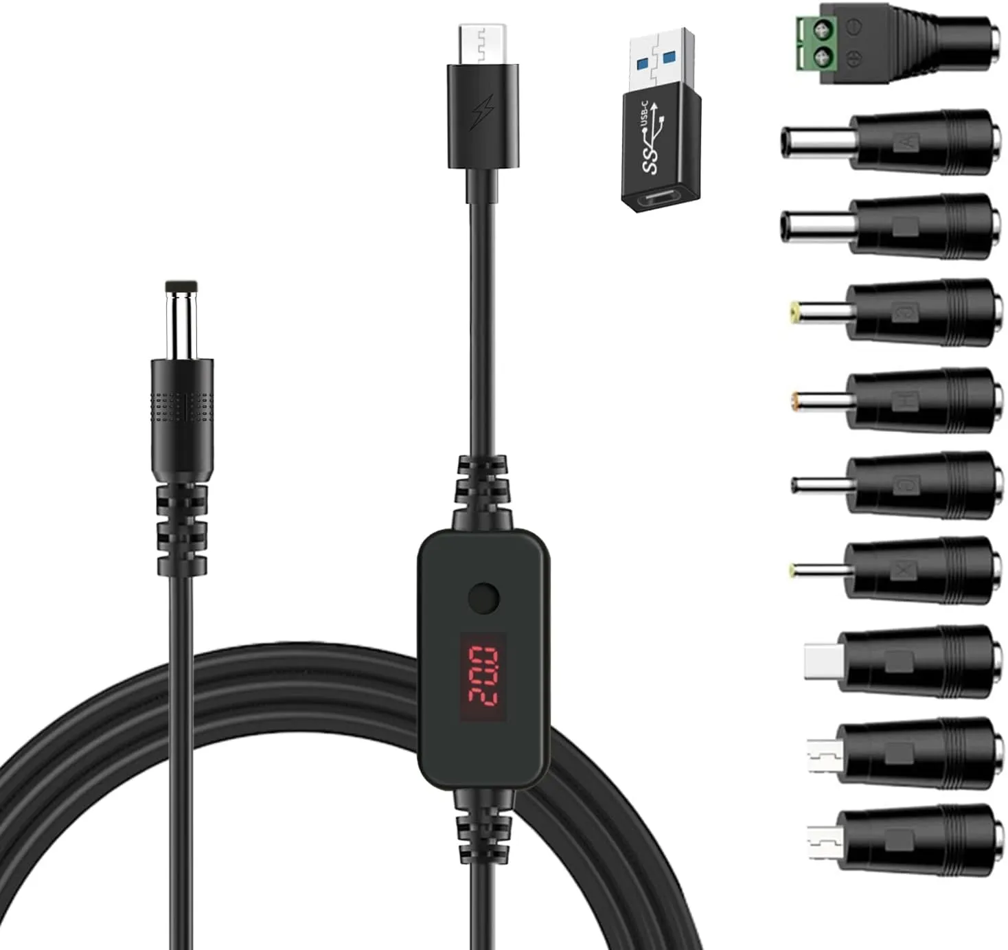 Universal PD Fast Charger, USB-C to DC 5V/9V/12V/15V/20V Multi-Voltage Adapter Cable with LED Display, 11 Connectors, for Phones, Laptops, Tablets, Led Light, Lamps, Cameras, Routers, 4ft