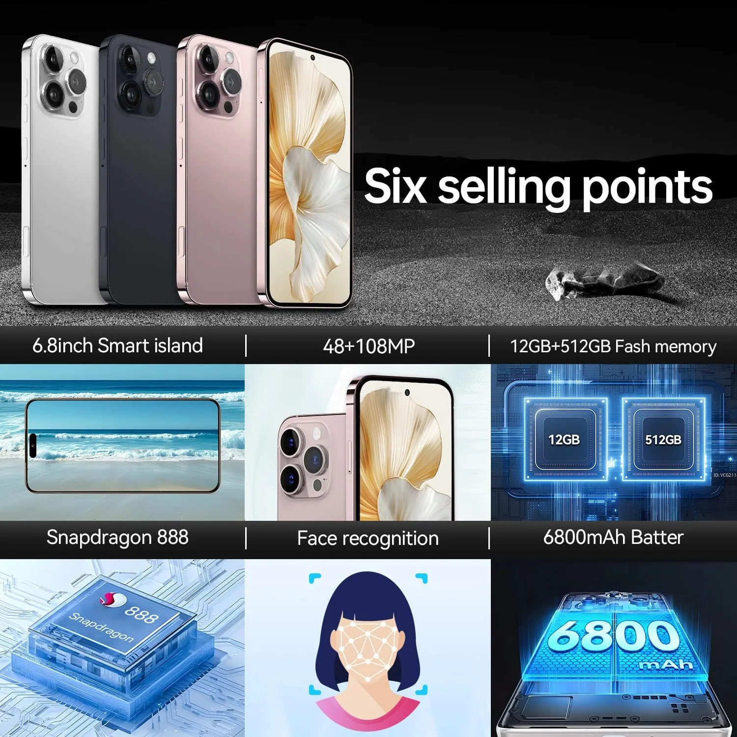Unlocked Android Phones S16PROMAX, 12GB 512GB Smartphone, 6800mAh Battery Android 14 Unlocked Phones, Face ID/Fingerprint Unlock/5G/Dual SIM/GPS