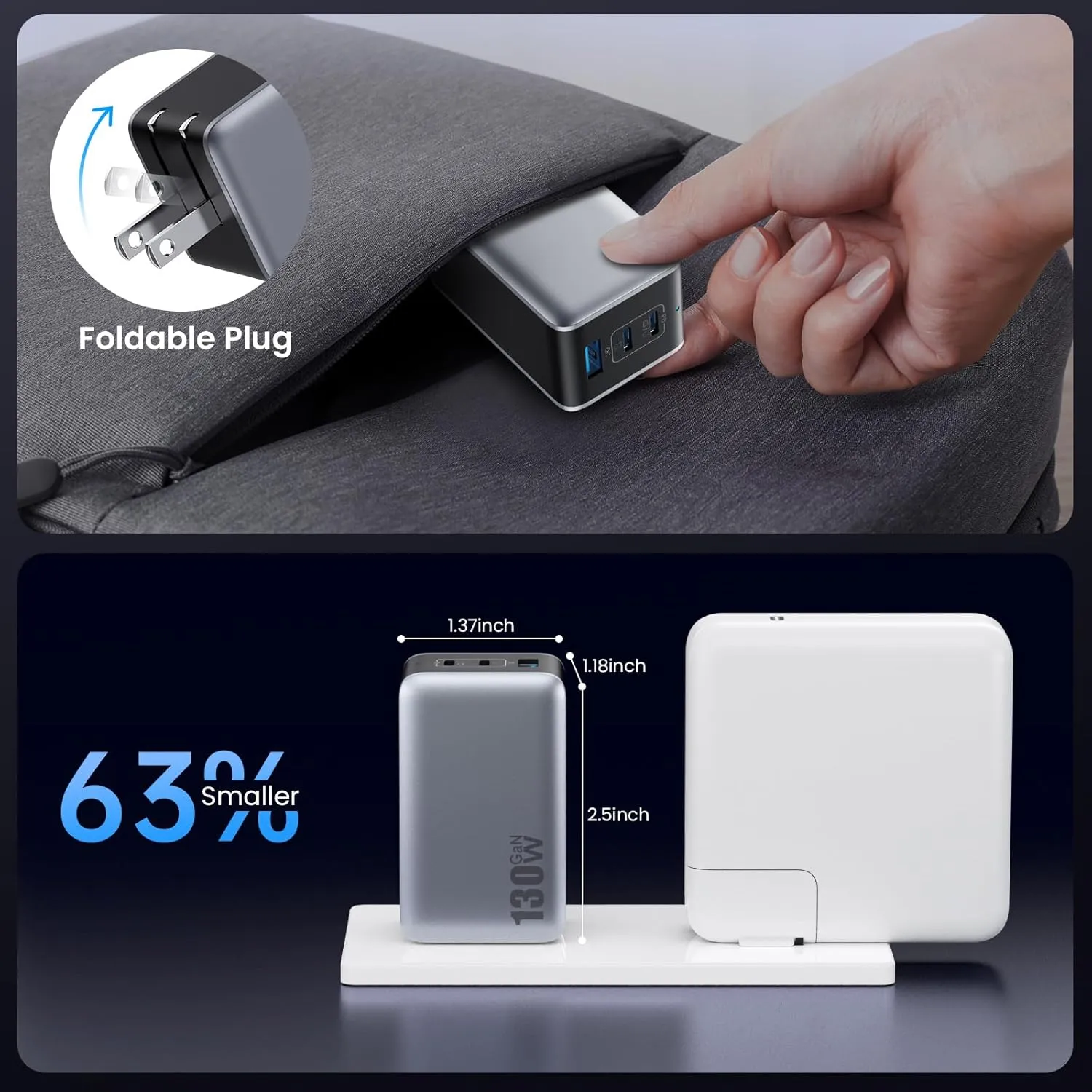 USB C Charger Block 130W, GaN 3-Port Compact Wall Charger,Foldable Fast Charging Station,PD 65W USB C Laptop Charging Adapter for MacBook Pro/Air, Dell XPS, iPhone 16/15/14/13,iPad Pro,Android etc