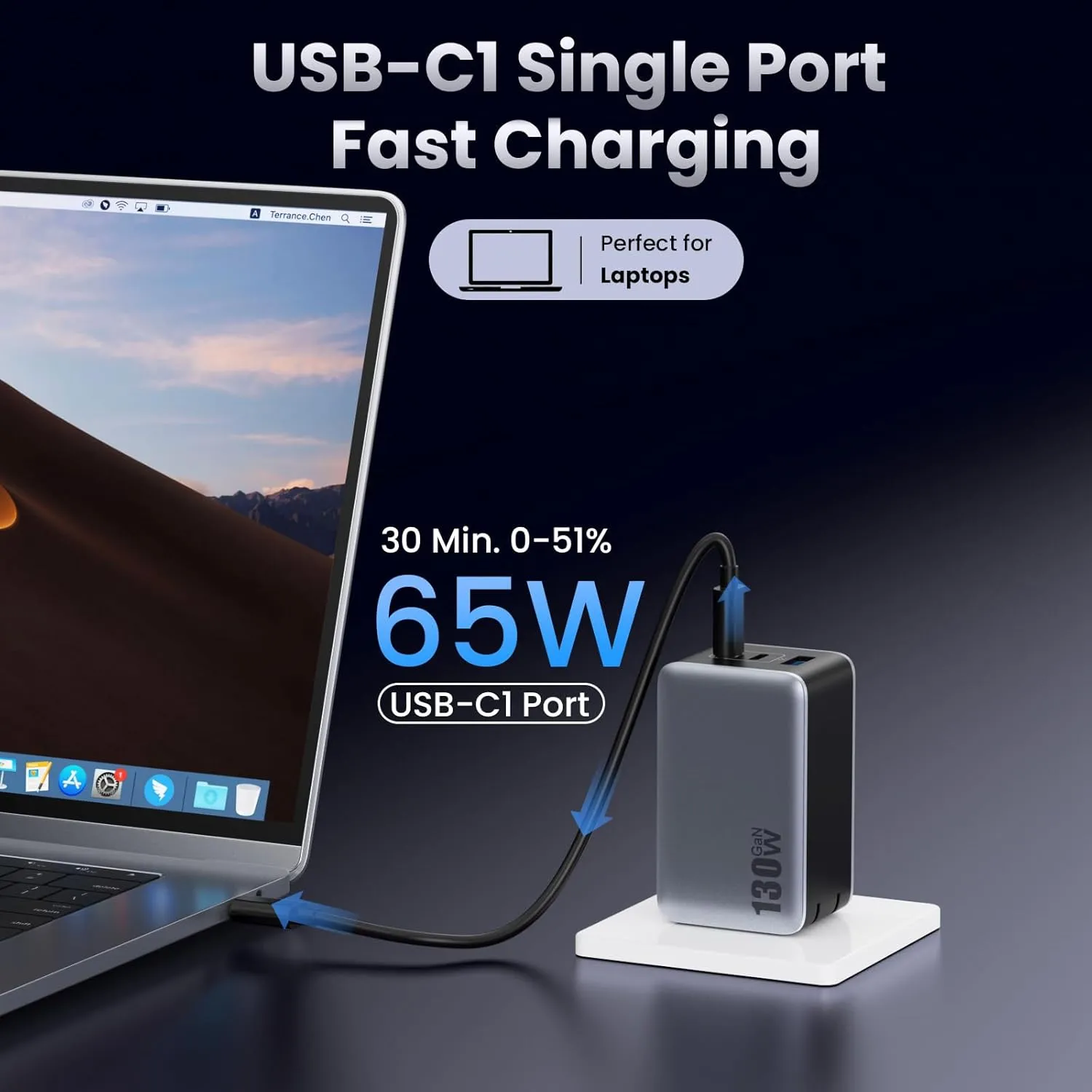 USB C Charger Block 130W, GaN 3-Port Compact Wall Charger,Foldable Fast Charging Station,PD 65W USB C Laptop Charging Adapter for MacBook Pro/Air, Dell XPS, iPhone 16/15/14/13,iPad Pro,Android etc