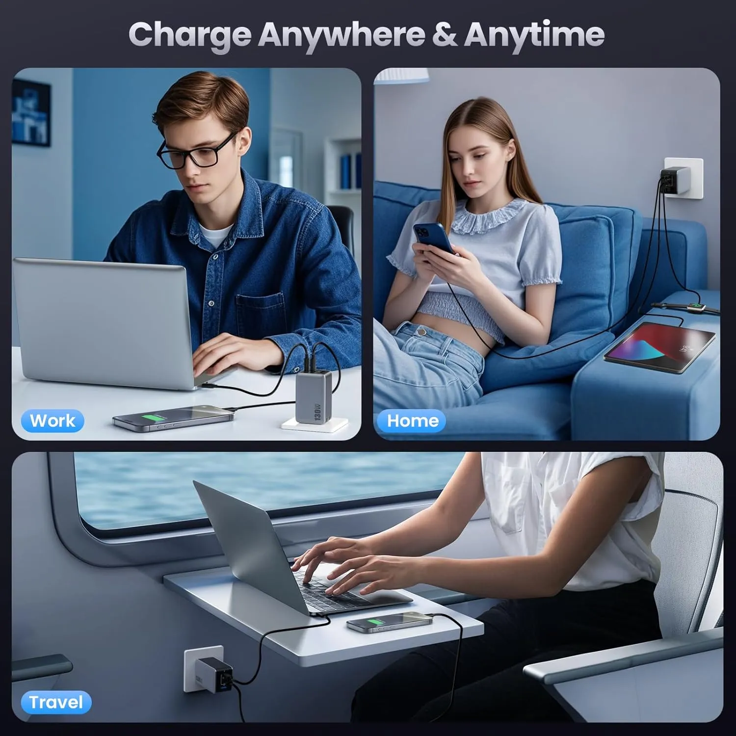 USB C Charger Block 130W, GaN 3-Port Compact Wall Charger,Foldable Fast Charging Station,PD 65W USB C Laptop Charging Adapter for MacBook Pro/Air, Dell XPS, iPhone 16/15/14/13,iPad Pro,Android etc