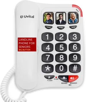 Uvital Big Button Phone for Seniors, White Senior Phone for Elderly Landline, Black Big Buttons Corded Landline Telephone for Home - Amplified Ringer with Loud Speaker for Hearing Impaired