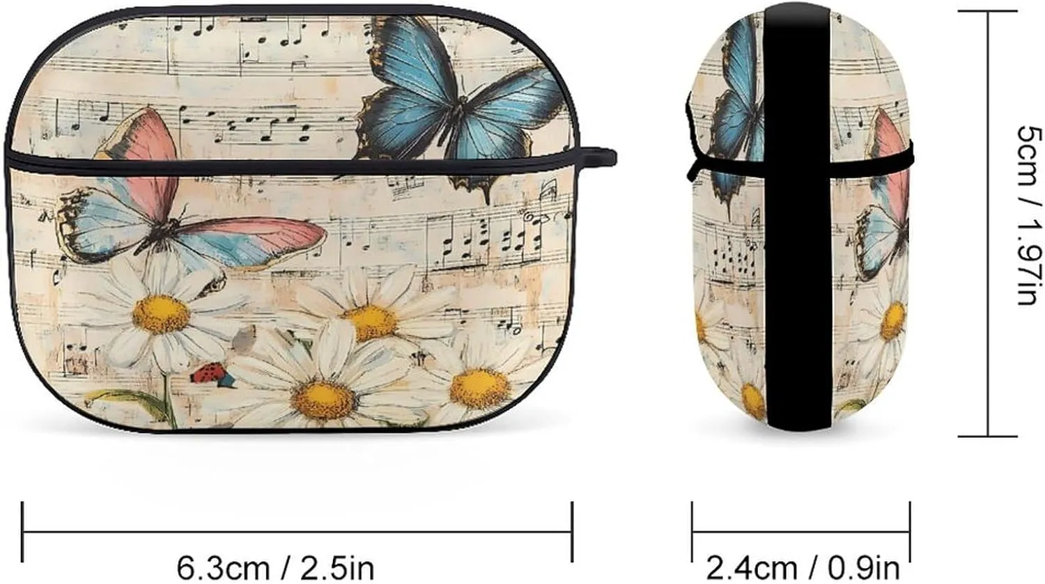 Vintage Butterflies Musical Notes Earbud Case Bluetooth Headphone Case Full Protective Case with Keychain Compatible with Airpods Pro Black-Style