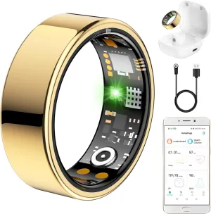Vital Health Ring for Women Men, Fit Ring with Heart Rate, Blood Oxygen, Sleep Monitor, Calories, Step Counter, IP68 Waterproof Smart Ring for iphone & Android, No Subscription Fee (Gold, 14#)
