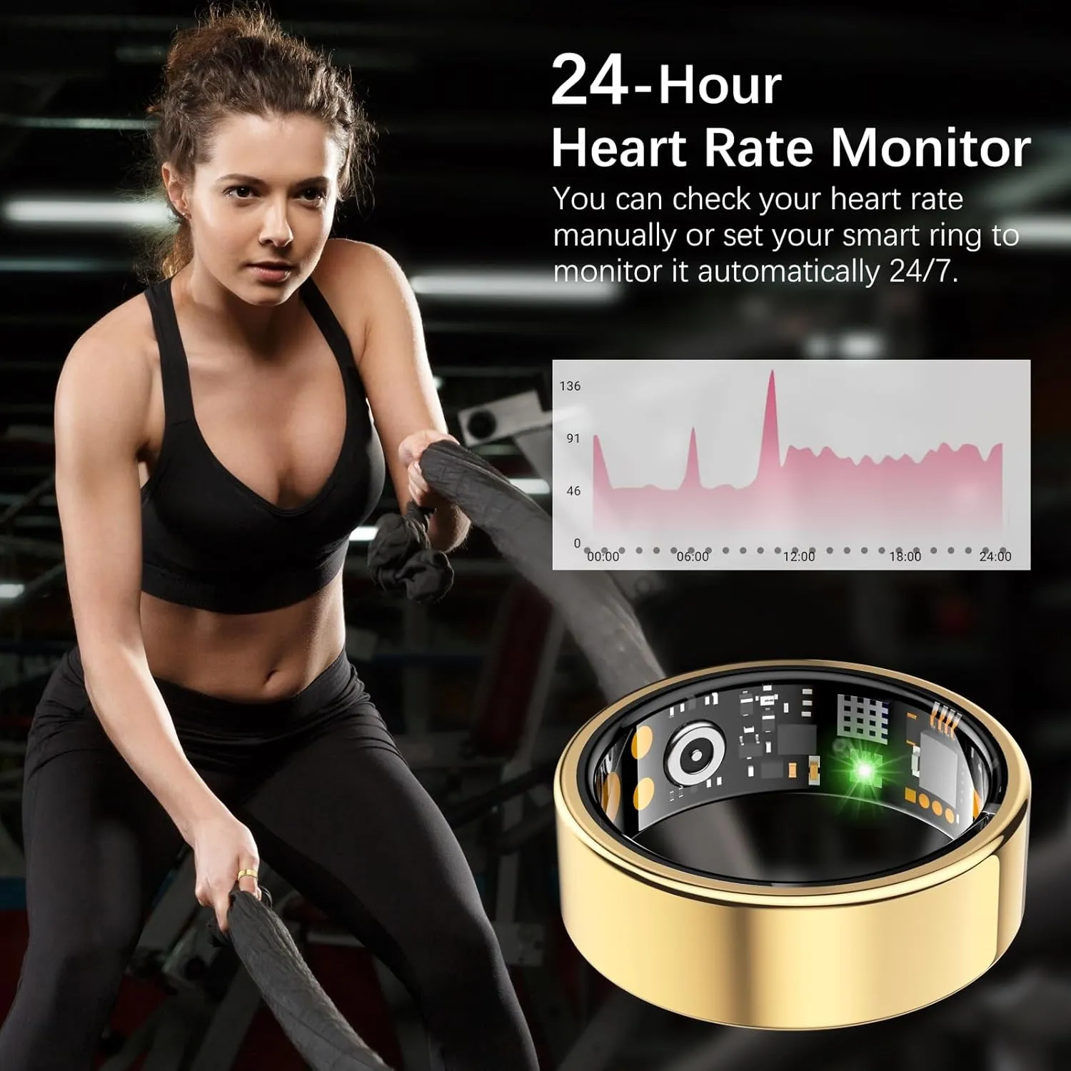 Vital Health Ring for Women Men, Fit Ring with Heart Rate, Blood Oxygen, Sleep Monitor, Calories, Step Counter, IP68 Waterproof Smart Ring for iphone & Android, No Subscription Fee (Gold, 14#)