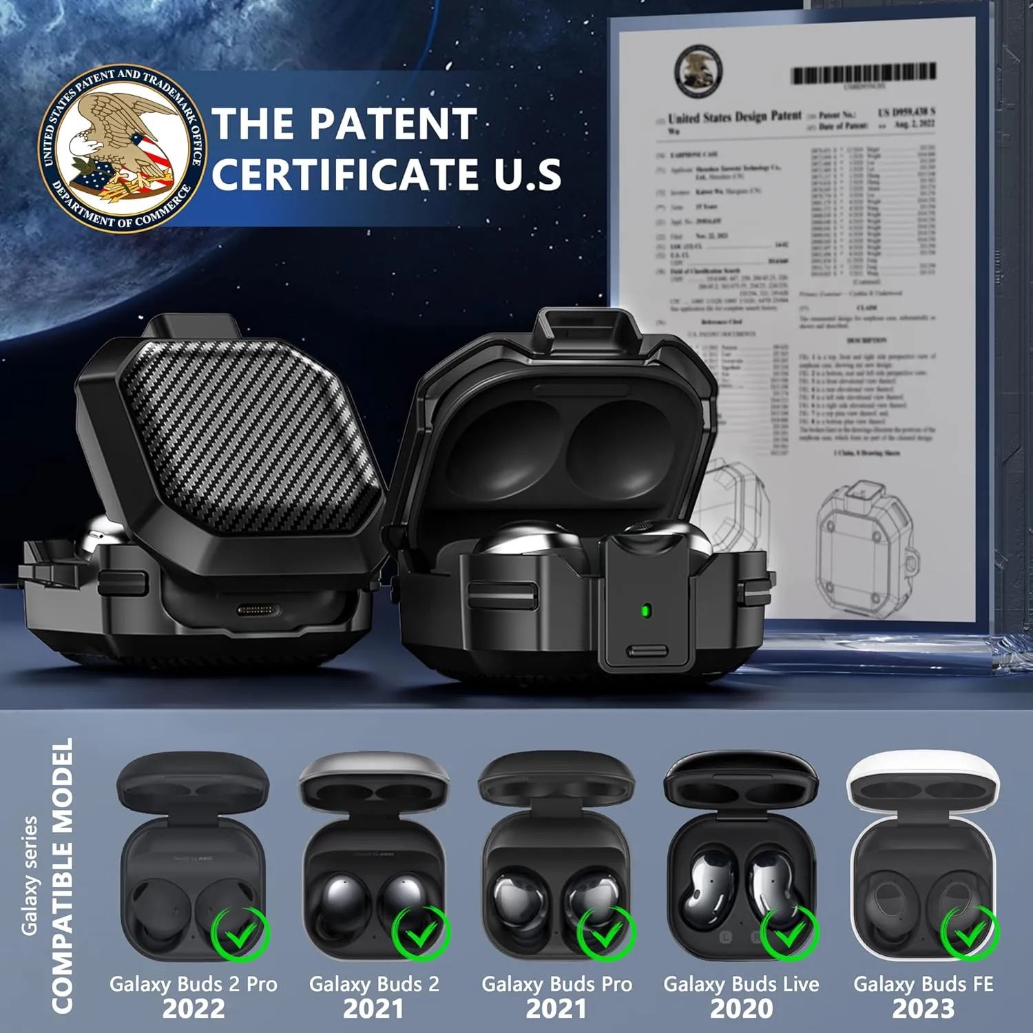 with Lock Carbon Fiber Case for Samsung Galaxy Buds Pro 2 Cases/Bud 2/ Bud Live/Buds Pro/Galaxy Bud FE Case Cover 2023 with Keychain/Cleaner Kit - Black