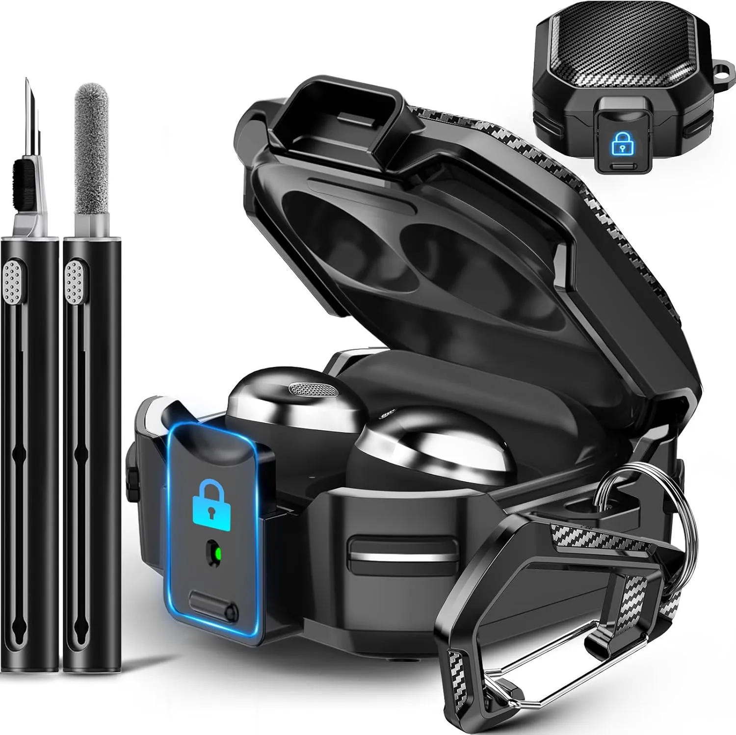 with Lock Carbon Fiber Case for Samsung Galaxy Buds Pro 2 Cases/Bud 2/ Bud Live/Buds Pro/Galaxy Bud FE Case Cover 2023 with Keychain/Cleaner Kit - Black