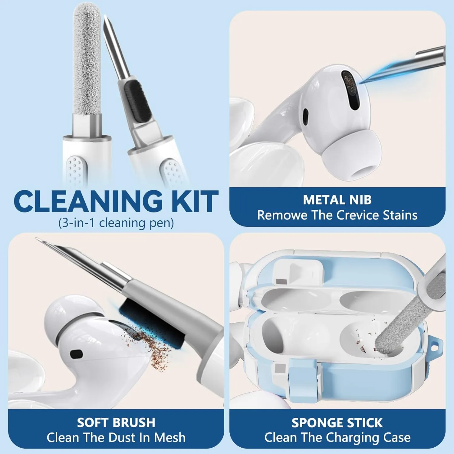 with Safety Lock for AirPod Pro 2nd/1st Generation Case, Hard iPod Pro Case with Cleaner Kit and Keychain for Men Women Grily,for Apple AirPods Pro 2nd/1st Gen (2023 USB-C/2022/2019)-Sky Blue