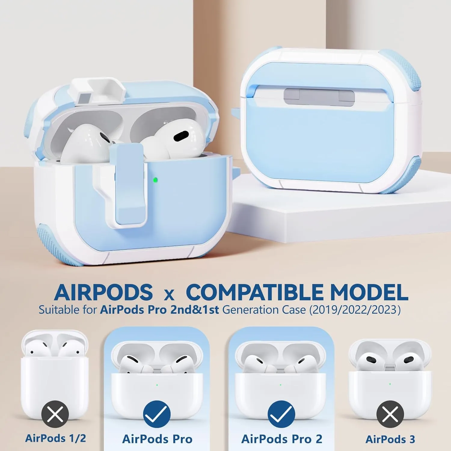 with Safety Lock for AirPod Pro 2nd/1st Generation Case, Hard iPod Pro Case with Cleaner Kit and Keychain for Men Women Grily,for Apple AirPods Pro 2nd/1st Gen (2023 USB-C/2022/2019)-Sky Blue