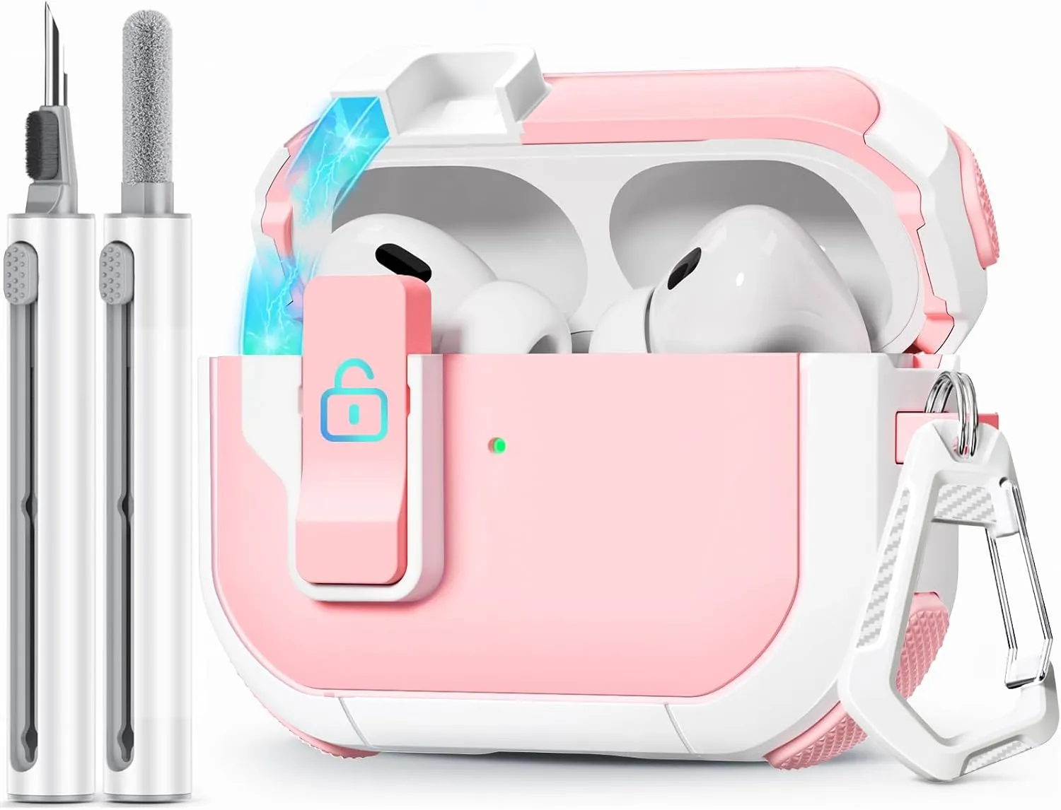 with Safety Lock for AirPods Pro 2nd Generation Case with Cleaner Kit, Hard AirPod Pro Case Cover with Keychain for Men Women Grily, for Apple AirPod Pro 2nd/1st Gen Case (2023 USB-C/2022/2019)-Pink
