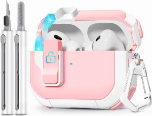 with Safety Lock for AirPods Pro 2nd Generation Case with Cleaner Kit, Hard AirPod Pro Case Cover with Keychain for Men Women Grily, for Apple AirPod Pro 2nd/1st Gen Case (2023 USB-C/2022/2019)-Pink
