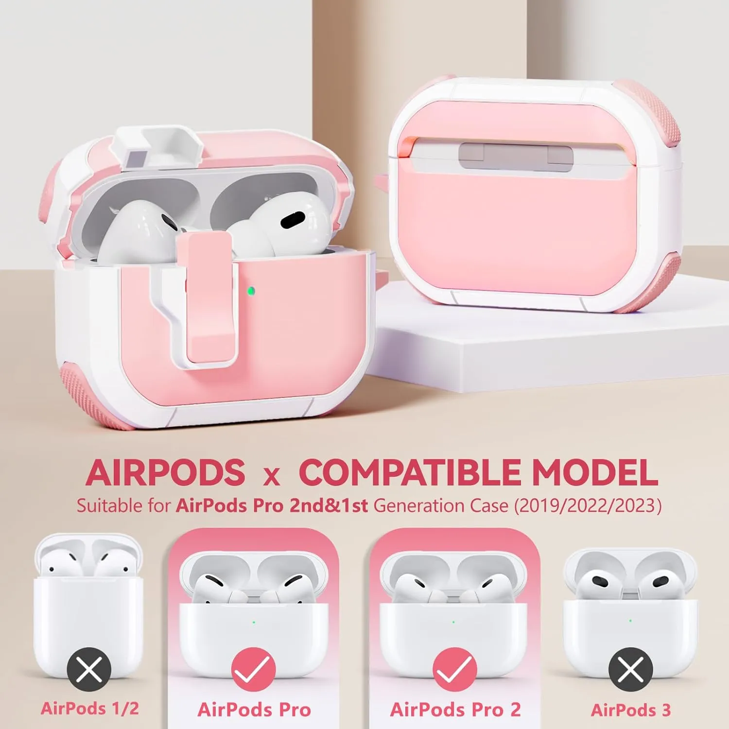 with Safety Lock for AirPods Pro 2nd Generation Case with Cleaner Kit, Hard AirPod Pro Case Cover with Keychain for Men Women Grily, for Apple AirPod Pro 2nd/1st Gen Case (2023 USB-C/2022/2019)-Pink