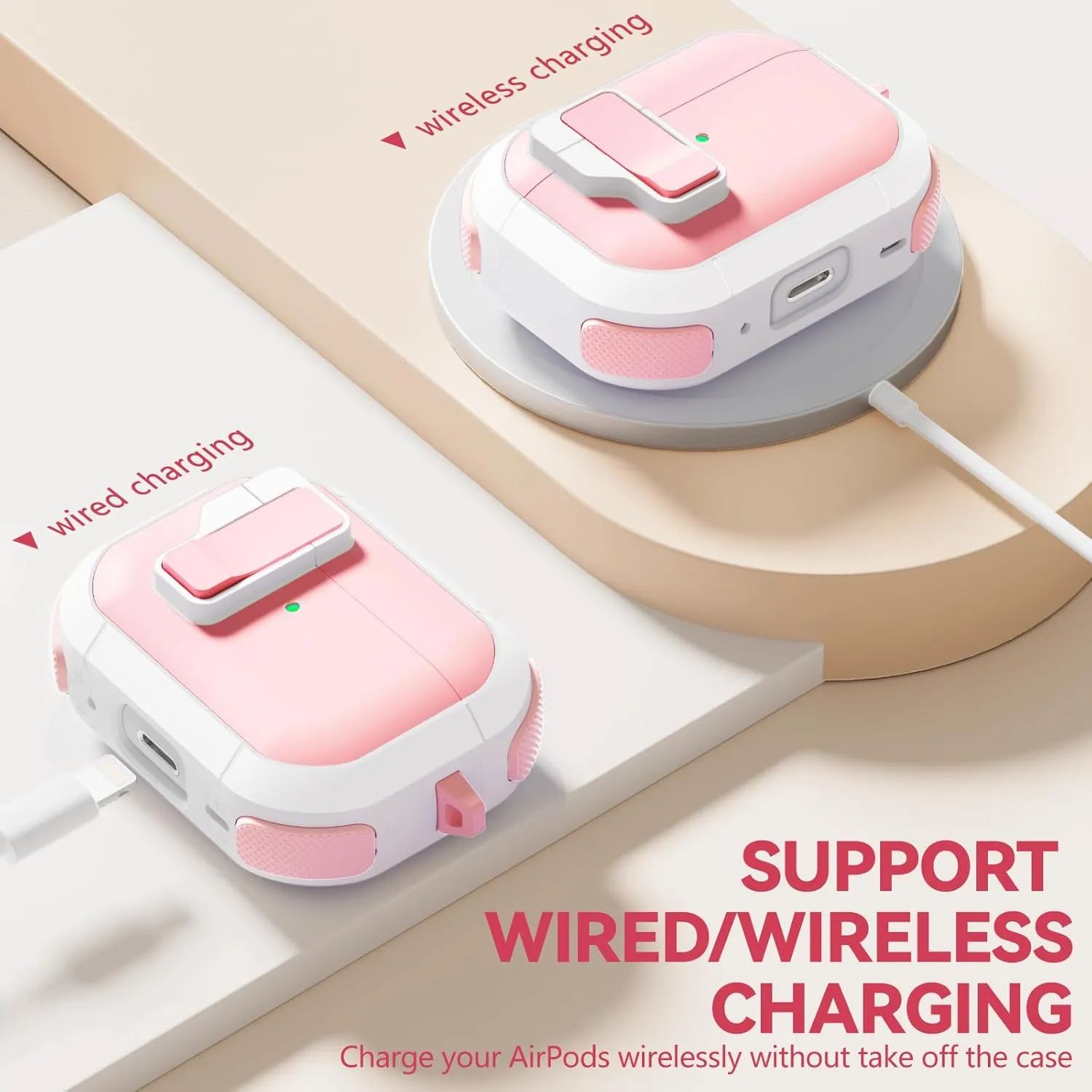 with Safety Lock for AirPods Pro 2nd Generation Case with Cleaner Kit, Hard AirPod Pro Case Cover with Keychain for Men Women Grily, for Apple AirPod Pro 2nd/1st Gen Case (2023 USB-C/2022/2019)-Pink