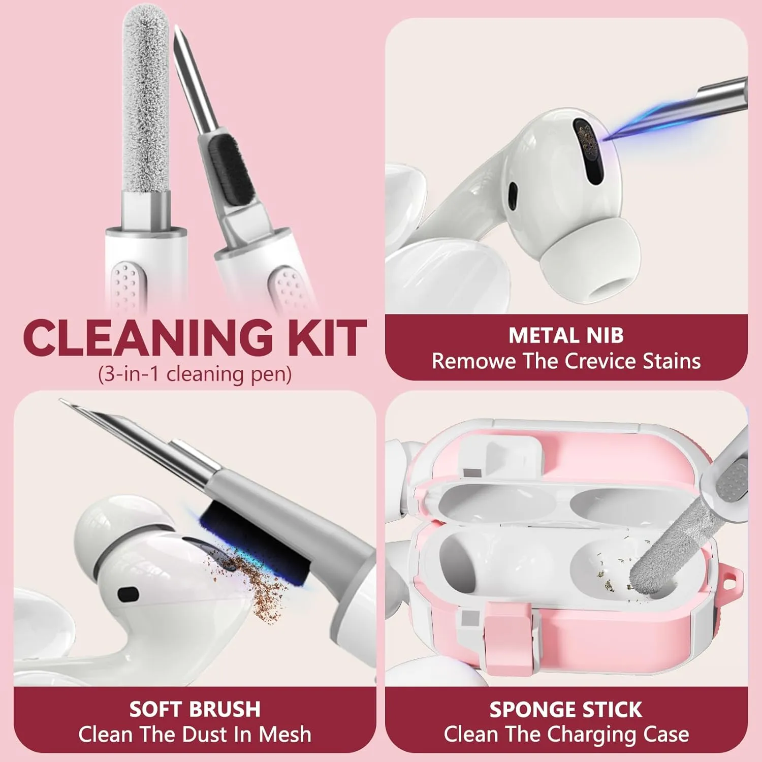 with Safety Lock for AirPods Pro 2nd Generation Case with Cleaner Kit, Hard AirPod Pro Case Cover with Keychain for Men Women Grily, for Apple AirPod Pro 2nd/1st Gen Case (2023 USB-C/2022/2019)-Pink