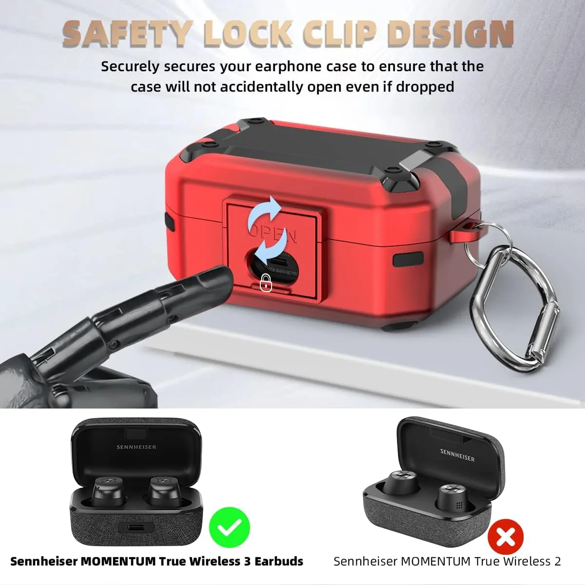 WOFRO Case for Sennheiser Momentum True Wireless 3 Earbuds with Secure Lock Clip Hard Shell Protective Cover Military Armor Series Full-Body Shockproof with Carabiner (red)