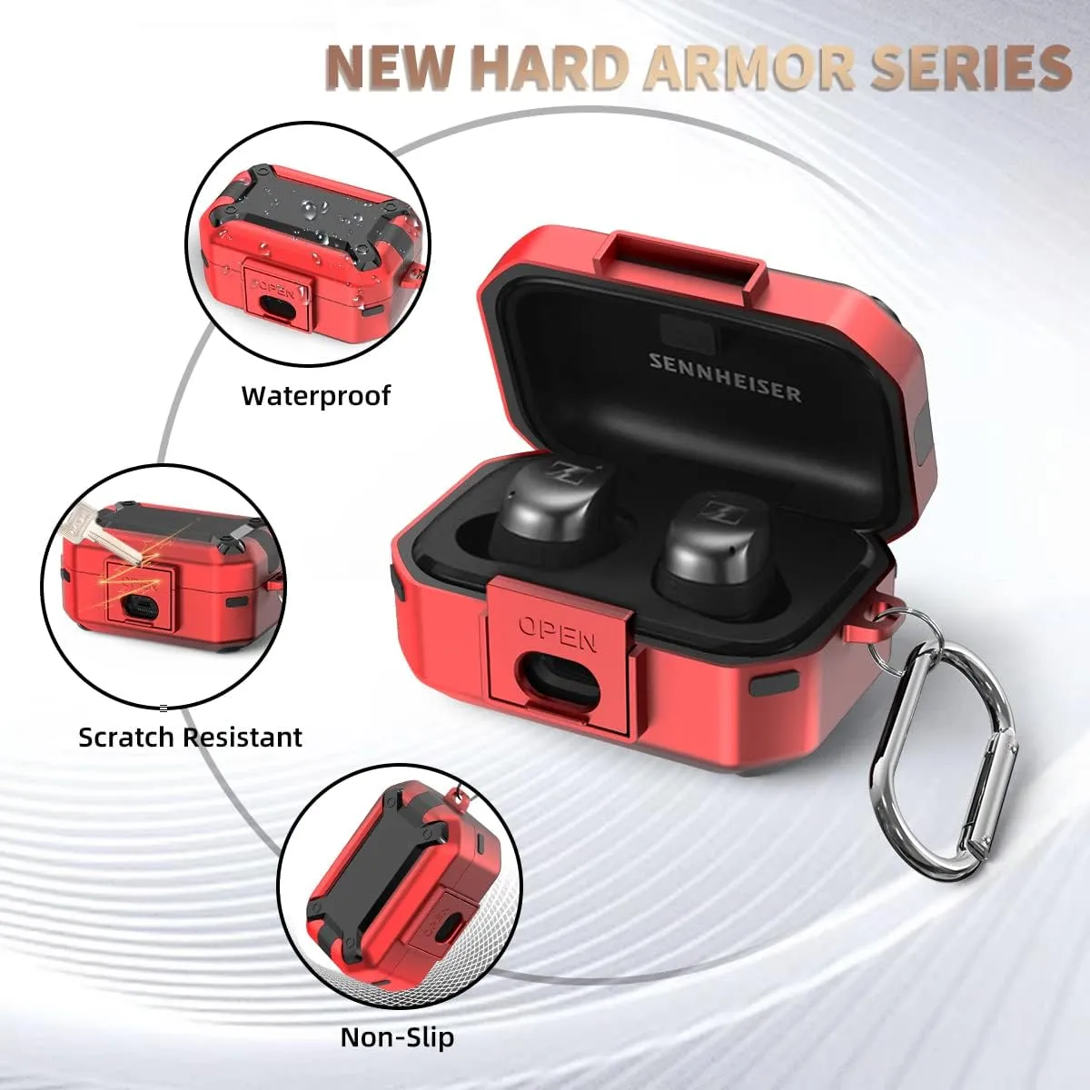 WOFRO Case for Sennheiser Momentum True Wireless 3 Earbuds with Secure Lock Clip Hard Shell Protective Cover Military Armor Series Full-Body Shockproof with Carabiner (red)