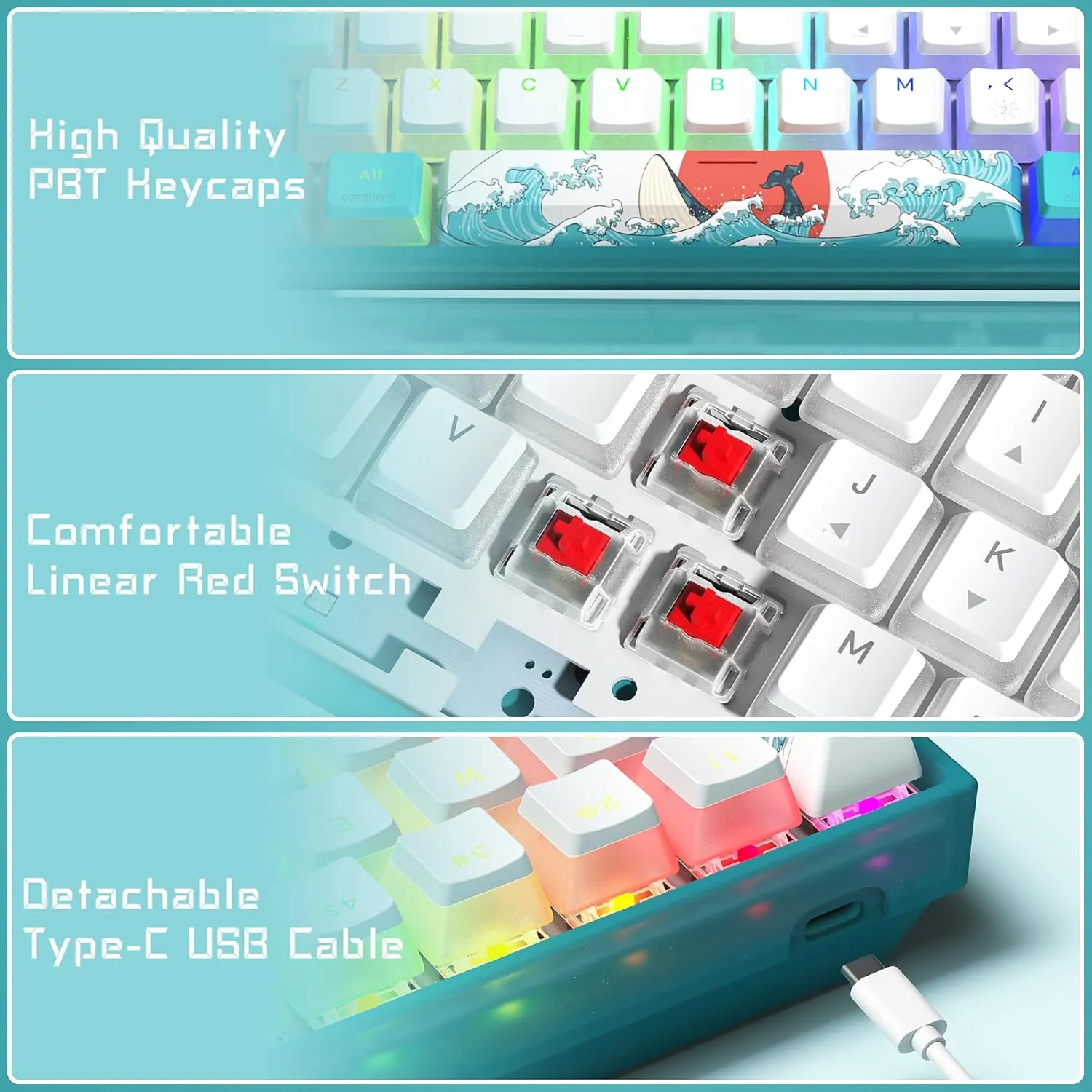 Womier 60% Percent Keyboard, WK61 Mechanical RGB Wired Gaming Keyboard, Hot-Swappable Keyboard with Blue Sea PBT Keycaps for Windows PC Gamers - Linear Red Switch