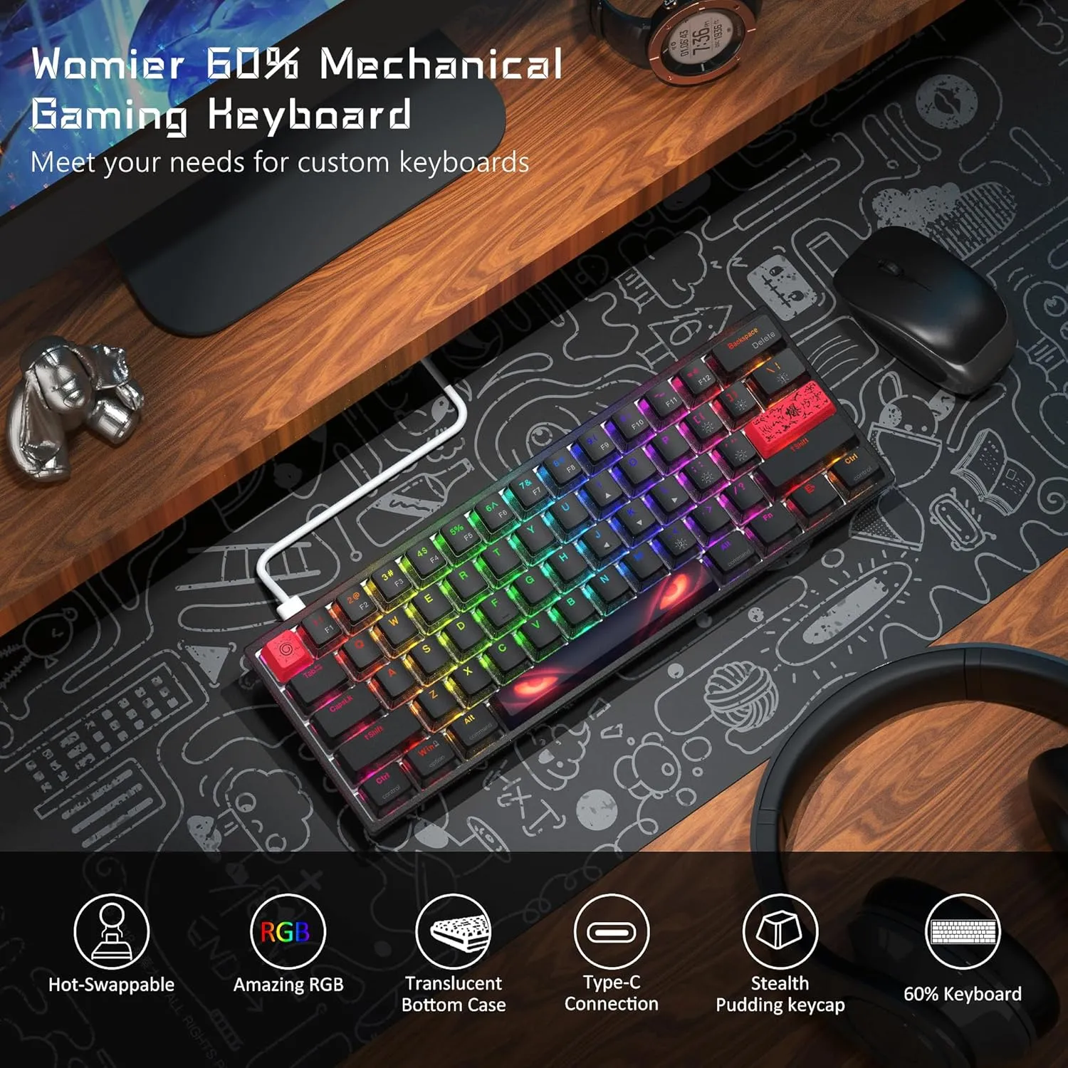 Womier 60% Percent Keyboard,WK61 Mechanical RGB Wired Gaming Keyboard,Hot-Swappable Creamy Key Board with PBT Keycaps,Linear Red Switch for Windows/MAC (Black)