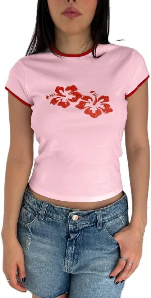 Y2k Flower Graphic Baby Tees Crop Tops for Women Hibiscus Print Short Sleeve Aesthetic Vintage 90s Teens 2000s Shirt
